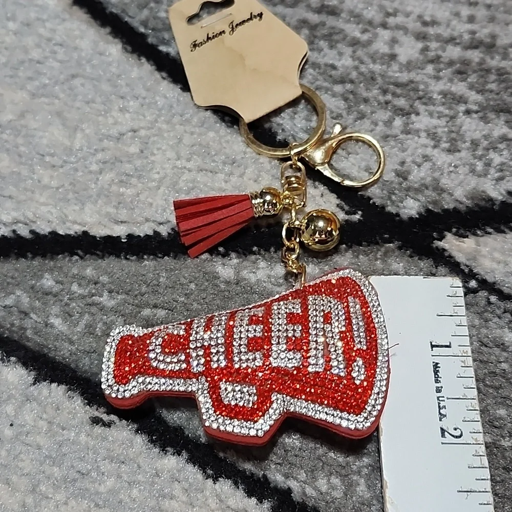 CHEER RHINESTONES RED & SILVER SPARKLING MEGAPHONE KEYCHAIN PURSE CHARM